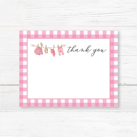 Printed baby shower thank you card featuring a pink baby clothesline design. Elegant and rustic design, perfect for a baby girl sprinkle or gender reveal.