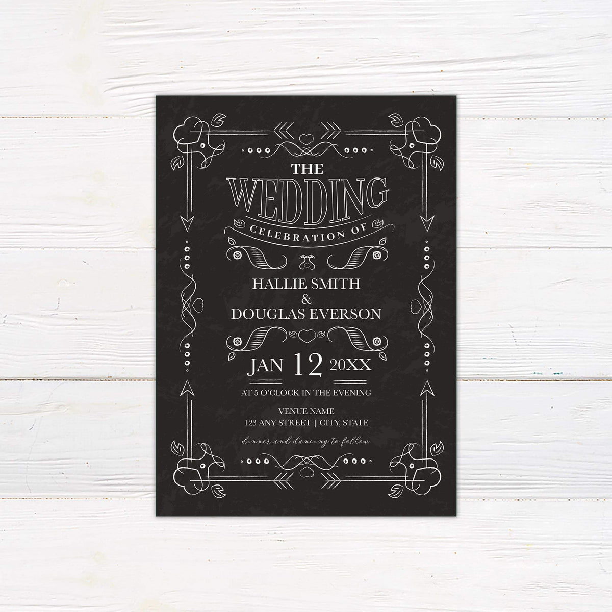 Rustic Chalkboard Wedding Invitation with White Ornate Vintage Frame ...