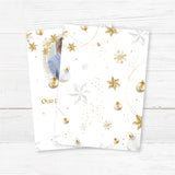 Our First Christmas as Mr. and Mrs. personalized photo card with gold stars and festive foliage on a white background.