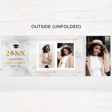 Custom gatefold graduation invitation with a marble design, four photos, customizable colors, and a modern fold-out layout. Personalized grad announcement card. Outside Unfolded.