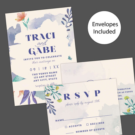 Colorful watercolor floral wedding invitation with bold serif names, playful script, and painted brushstroke accents on a cream background. Invite, RSVP, and Details