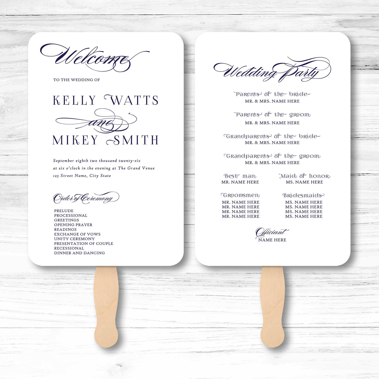 Elegant wedding or event program fans with custom order details for Kelly Watts and Mikey Smith's wedding.