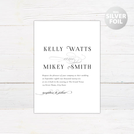 Simple script invitation with mixed fonts. Names of bride and groom in all caps and a simple font with the word and in silver Calligraphy in between. 