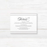 Wedding detail card featuring taupe and ivory horizontal stripes at the top and bottom, serif font text, and a clean white background to match Paragraph Style invitation suite.