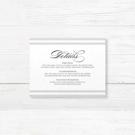Wedding detail card featuring taupe and ivory horizontal stripes at the top and bottom, serif font text, and a clean white background to match Paragraph Style invitation suite.