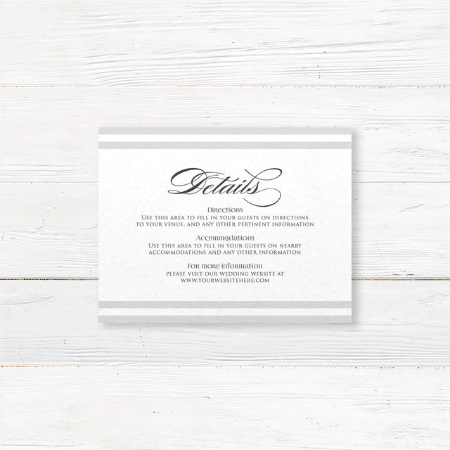 Wedding detail card featuring taupe and ivory horizontal stripes at the top and bottom, serif font text, and a clean white background to match Paragraph Style invitation suite.