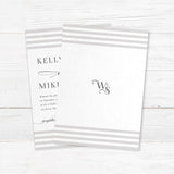 Wedding invitation featuring soft horizontal taupe and ivory stripes at the top and bottom, elegant serif fonts for names, romantic flourished script accents, and a white center panel. - back side
