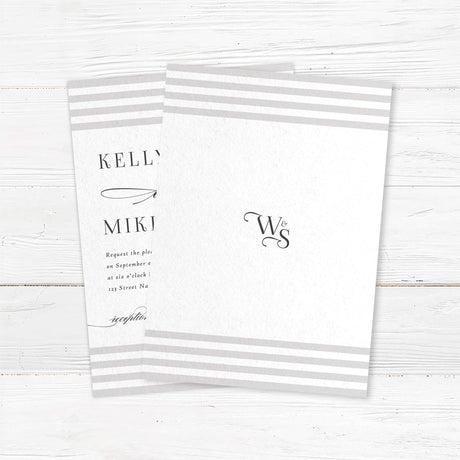 Wedding invitation featuring soft horizontal taupe and ivory stripes at the top and bottom, elegant serif fonts for names, romantic flourished script accents, and a white center panel. - back side