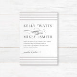 Wedding invitation featuring soft horizontal taupe and ivory stripes at the top and bottom, elegant serif fonts for names, romantic flourished script accents, and a white center panel.