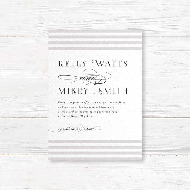 Wedding invitation featuring soft horizontal taupe and ivory stripes at the top and bottom, elegant serif fonts for names, romantic flourished script accents, and a white center panel.