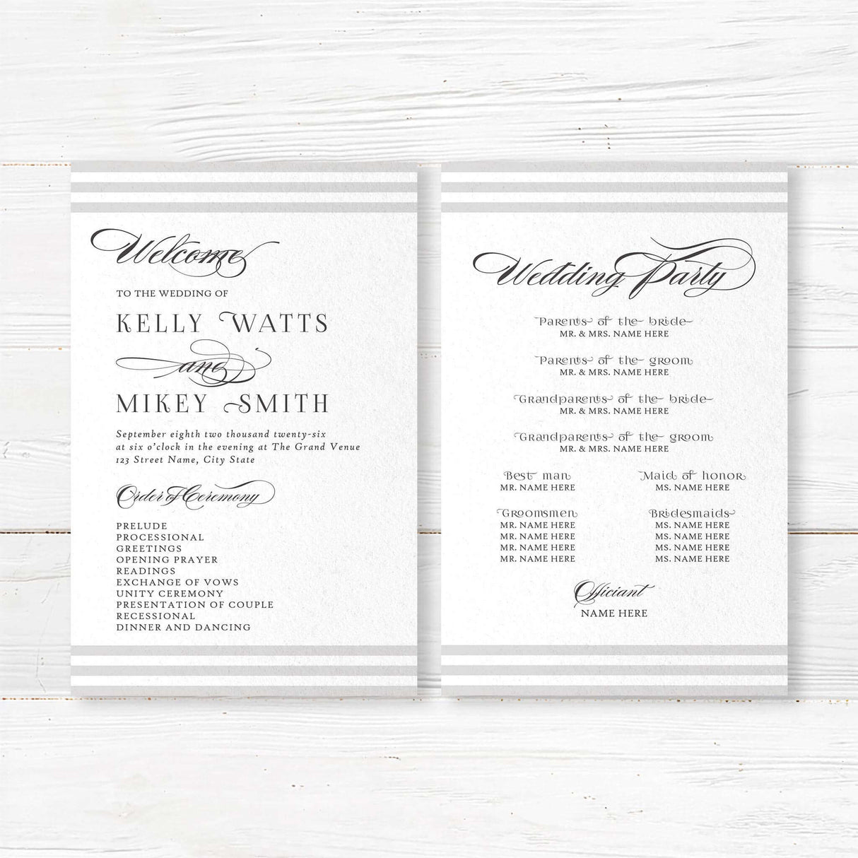 Wedding ceremony program with horizontal taupe and ivory stripes at the top and bottom, white center layout, and elegant serif and script fonts matching Paragraph Style suite.