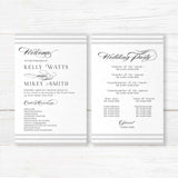 Wedding ceremony program with horizontal taupe and ivory stripes at the top and bottom, white center layout, and elegant serif and script fonts matching Paragraph Style suite.