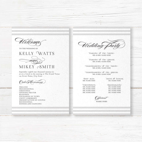 Wedding ceremony program with horizontal taupe and ivory stripes at the top and bottom, white center layout, and elegant serif and script fonts matching Paragraph Style suite.