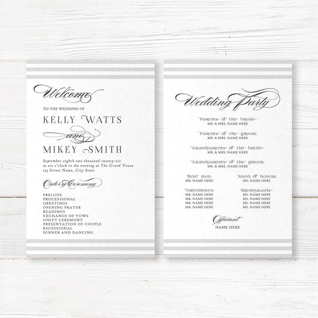 Wedding ceremony program with horizontal taupe and ivory stripes at the top and bottom, white center layout, and elegant serif and script fonts matching Paragraph Style suite.