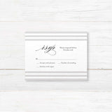Wedding RSVP card with taupe and ivory horizontal stripe accents, white background, clean serif fonts, and minimalist layout matching Paragraph Style Stripes invitation suite.