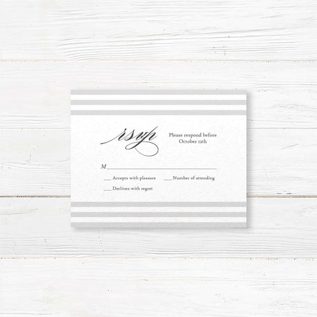Wedding RSVP card with taupe and ivory horizontal stripe accents, white background, clean serif fonts, and minimalist layout matching Paragraph Style Stripes invitation suite.