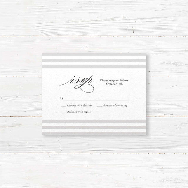Wedding RSVP card with taupe and ivory horizontal stripe accents, white background, clean serif fonts, and minimalist layout matching Paragraph Style Stripes invitation suite.