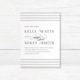 Announce your wedding with understated sophistication using the Paragraph Style Save the Date card. Featuring horizontal taupe and ivory stripes and elegant serif type, it coordinates with the suite for a cohesive and timeless presentation.