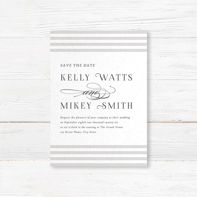 Announce your wedding with understated sophistication using the Paragraph Style Save the Date card. Featuring horizontal taupe and ivory stripes and elegant serif type, it coordinates with the suite for a cohesive and timeless presentation.