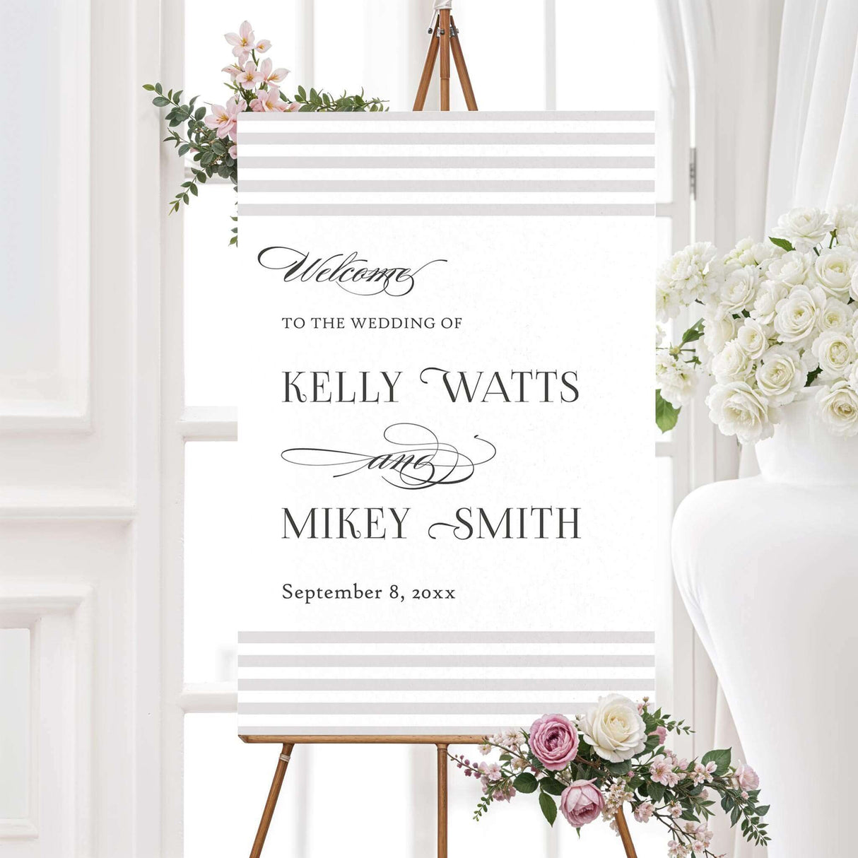Wedding welcome sign with horizontal taupe and ivory stripe accents, elegant serif and script fonts, and minimalist layout, part of the Paragraph Style wedding stationery suite.