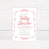Baby shower invitation with elegant script typography and a decorative ribbon border, featuring event details and mom-to-be’s name in classic layout