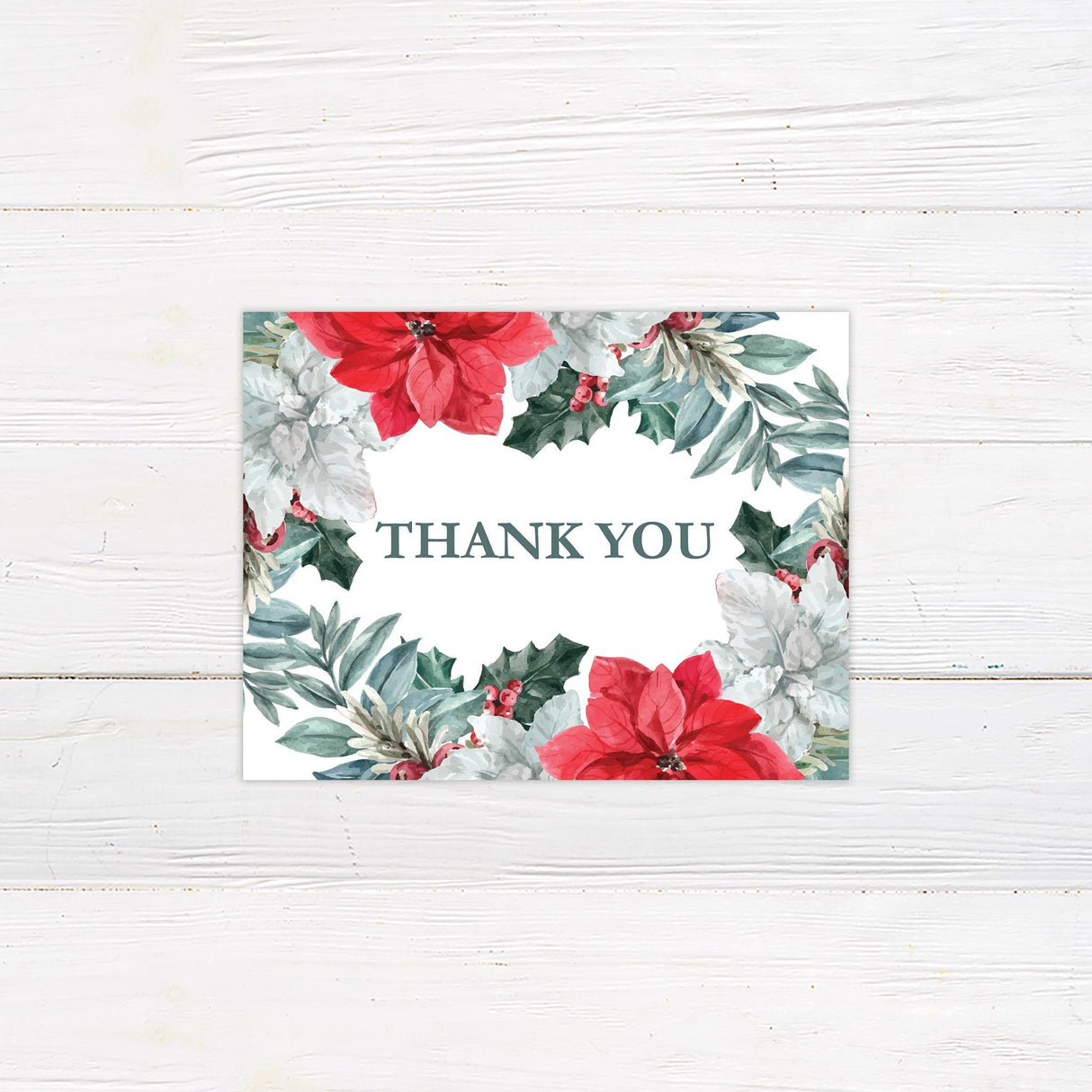 Poinsettia Wreath Thank You Card - goprintplus