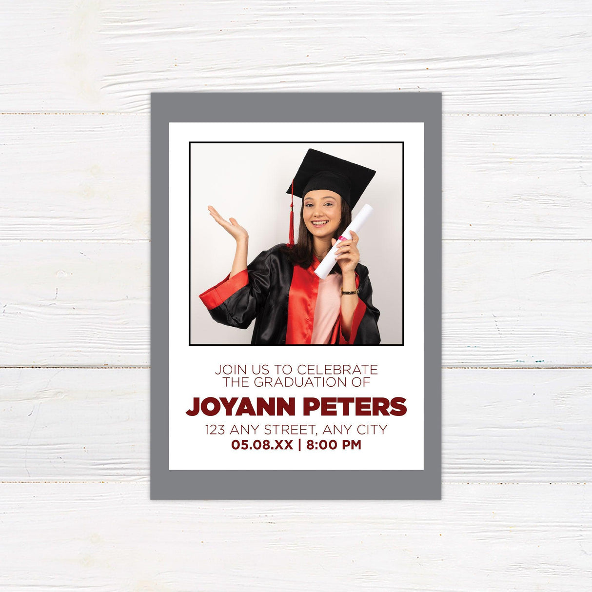 Graduation invitation with a bold border and centered photo. The graduate's name and event details are displayed below in a modern font. The color scheme can be customized to match the school colors. Gray.