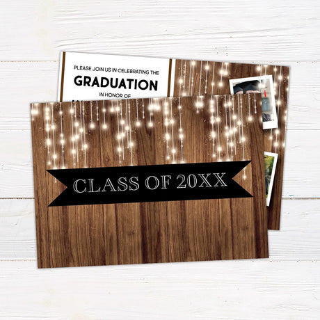 Custom graduation invitation with a woodgrain background and string lights. The front features four polaroid-style photos on the right and graduation details on the left. The back has a woodgrain background with string lights and a banner displaying "Class of 2025. Back Black.