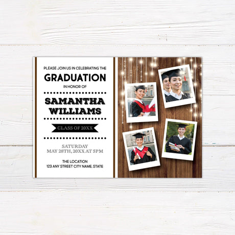 Custom graduation invitation with a woodgrain background and string lights. The front features four polaroid-style photos on the right and graduation details on the left. The back has a woodgrain background with string lights and a banner displaying "Class of 2025. Black.