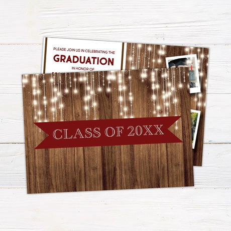 Custom graduation invitation with a woodgrain background and string lights. The front features four polaroid-style photos on the right and graduation details on the left. The back has a woodgrain background with string lights and a banner displaying "Class of 2025. Back Marroon.