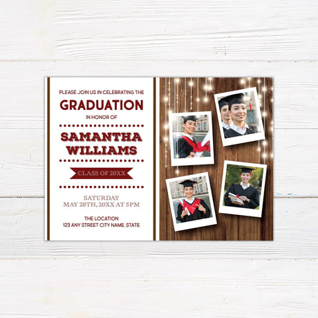 Custom graduation invitation with a woodgrain background and string lights. The front features four polaroid-style photos on the right and graduation details on the left. The back has a woodgrain background with string lights and a banner displaying "Class of 2025.
Maroon.