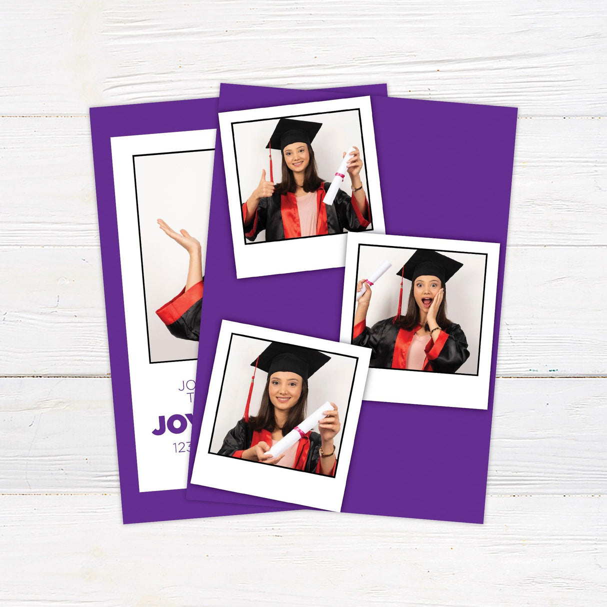 Graduation invitation with a bold border and centered photo. The graduate's name and event details are displayed below in a modern font. The color scheme can be customized to match the school colors. Back Purple.