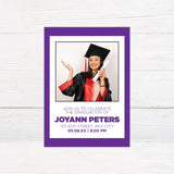 Graduation invitation with a bold border and centered photo. The graduate's name and event details are displayed below in a modern font. The color scheme can be customized to match the school colors. Purple.