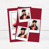 Graduation invitation with a bold border and centered photo. The graduate's name and event details are displayed below in a modern font. The color scheme can be customized to match the school colors. Back Red.