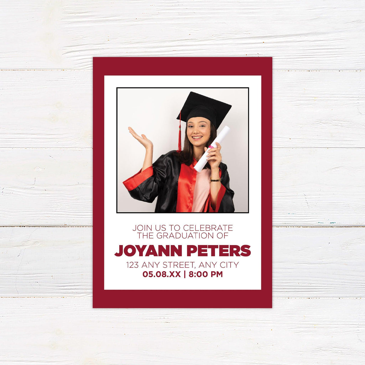 Graduation invitation with a bold border and centered photo. The graduate's name and event details are displayed below in a modern font. The color scheme can be customized to match the school colors. Red