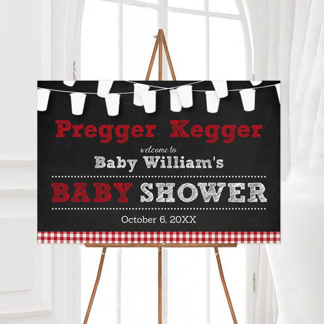 A pregger kegger baby shower welcome sign with a chalkboard background and string lights. The design features bold lettering and a casual party theme.