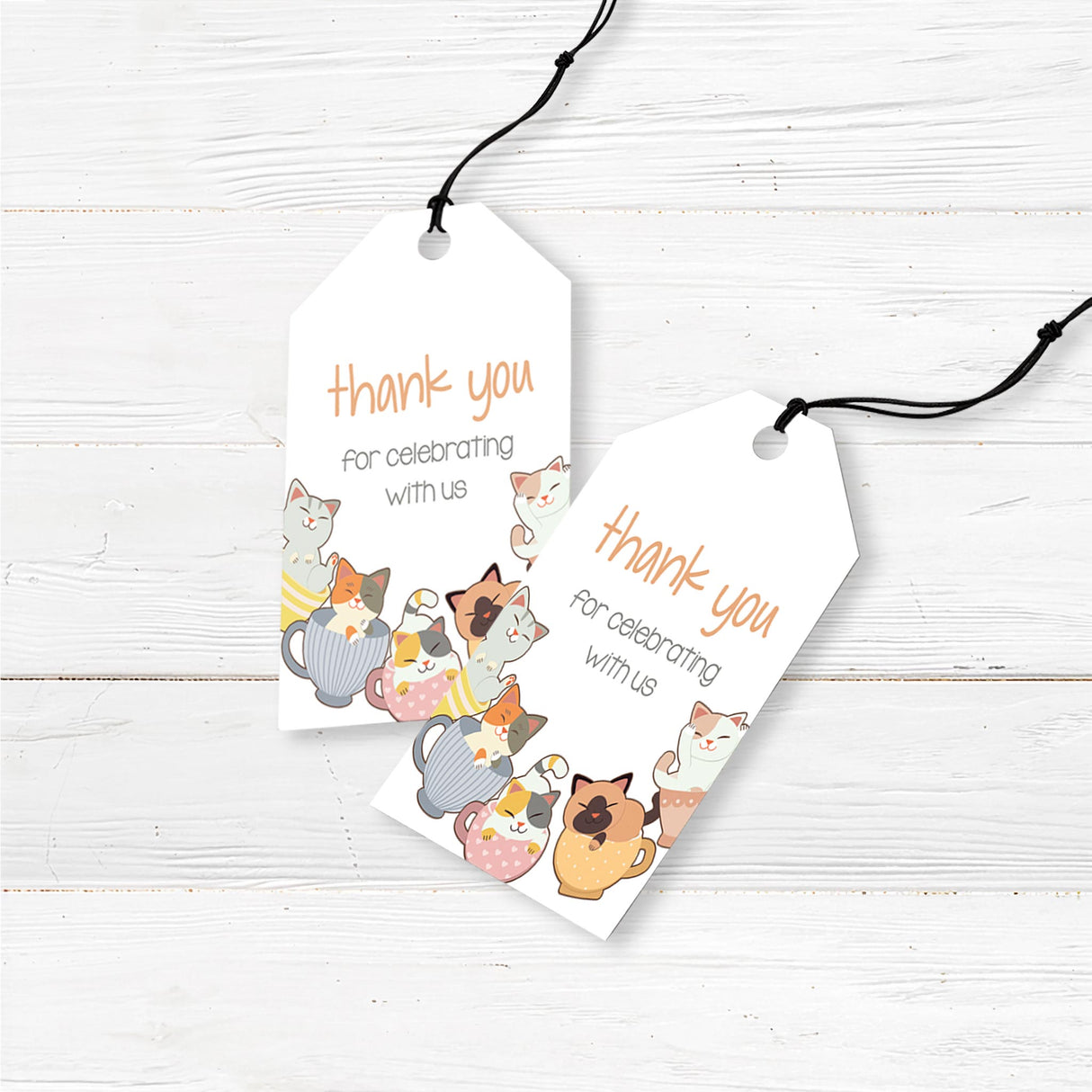 Printed baby shower favor tags featuring cute kittens in teacups, designed to complement a cat-themed or tea party baby shower. These high-quality cardstock tags are pre-punched and pre-cut, making them easy to attach to favor bags, small candles, or handmade soaps. Professionally printed with a charming cat design, these tags are perfect for expressing gratitude to guests at any cat-themed, gender-neutral, or boho baby shower.