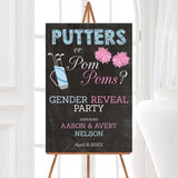 A putters or pom poms gender reveal welcome sign with a chalkboard background and sports-themed graphics. The design includes golf clubs and pink pom poms.