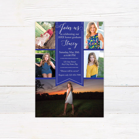 Elegant graduation invitation featuring a ribbon-style banner in the center with event details. The design includes a collage of five photos surrounding the text area, creating a personalized and stylish look. The color scheme can be customized to match the graduate's school colors. Ideal for high school or college graduation celebrations. Blue.