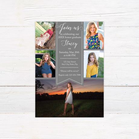 Elegant graduation invitation featuring a ribbon-style banner in the center with event details. The design includes a collage of five photos surrounding the text area, creating a personalized and stylish look. The color scheme can be customized to match the graduate's school colors. Ideal for high school or college graduation celebrations. Gray.