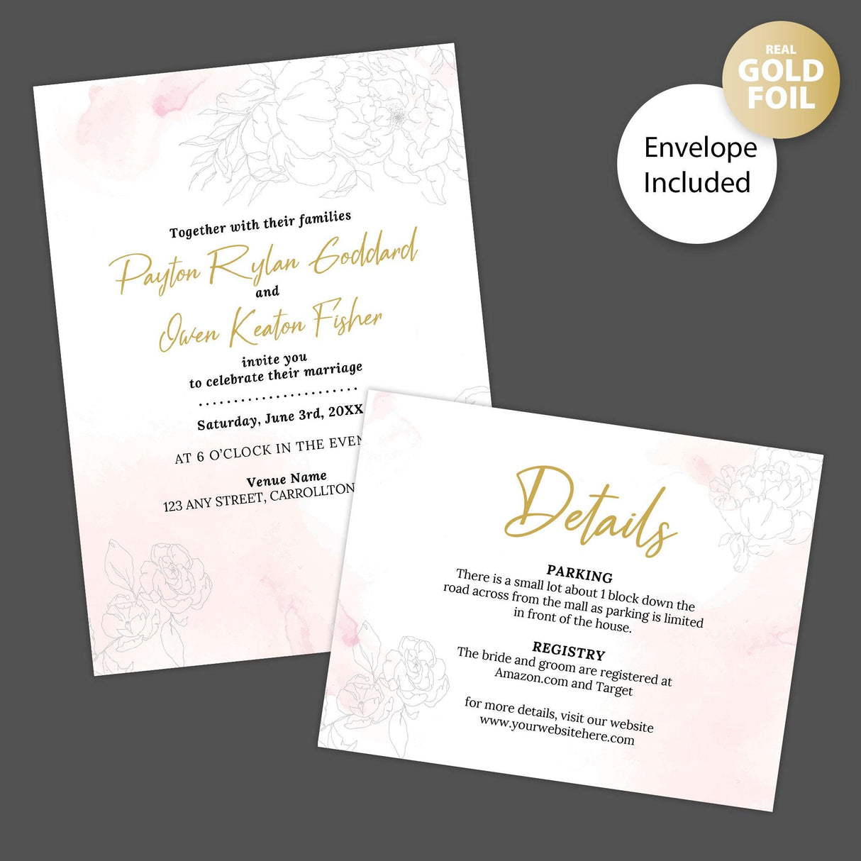 Rosy Watercolor Foil Invitation - goprintplus