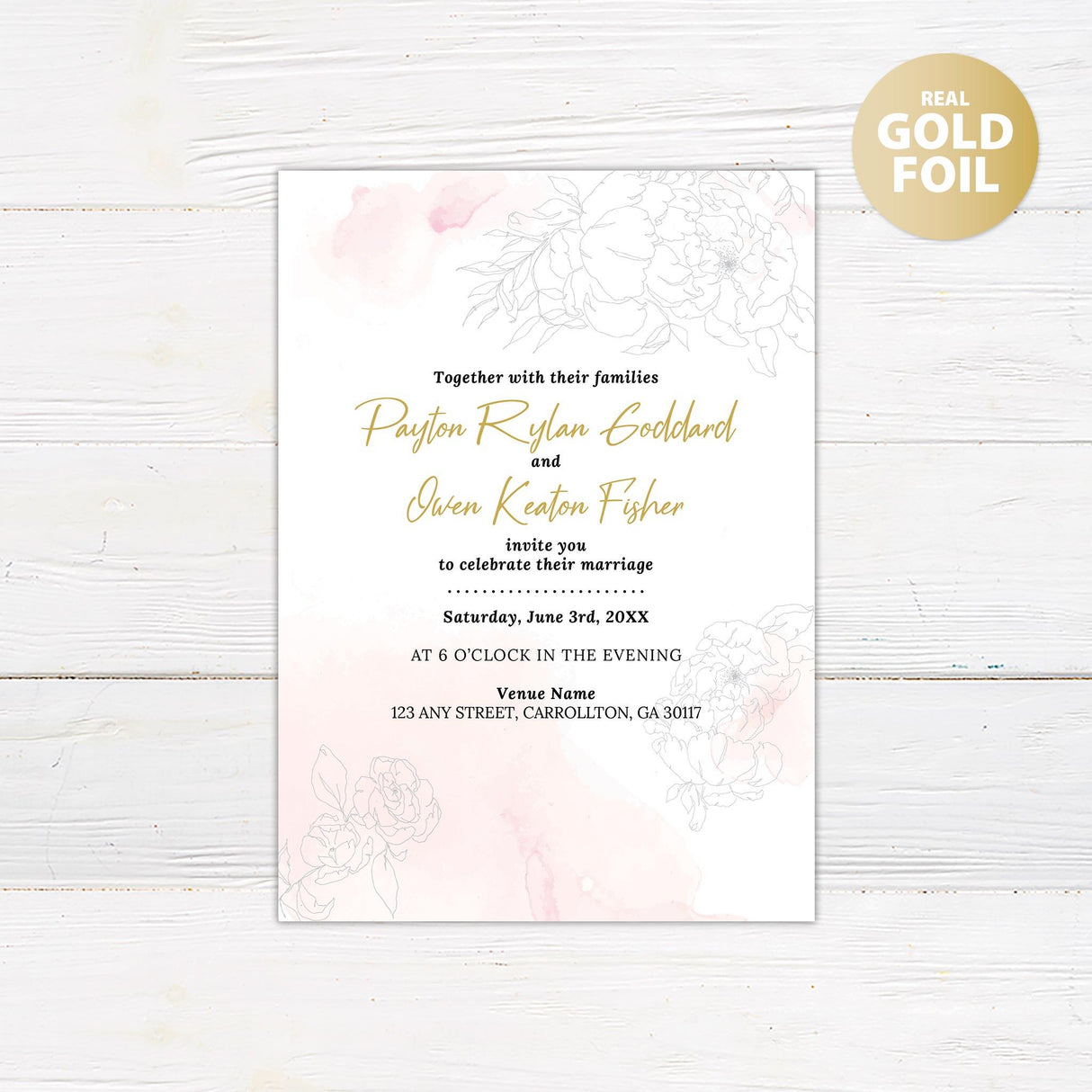 Rosy Watercolor Foil Invitation - goprintplus