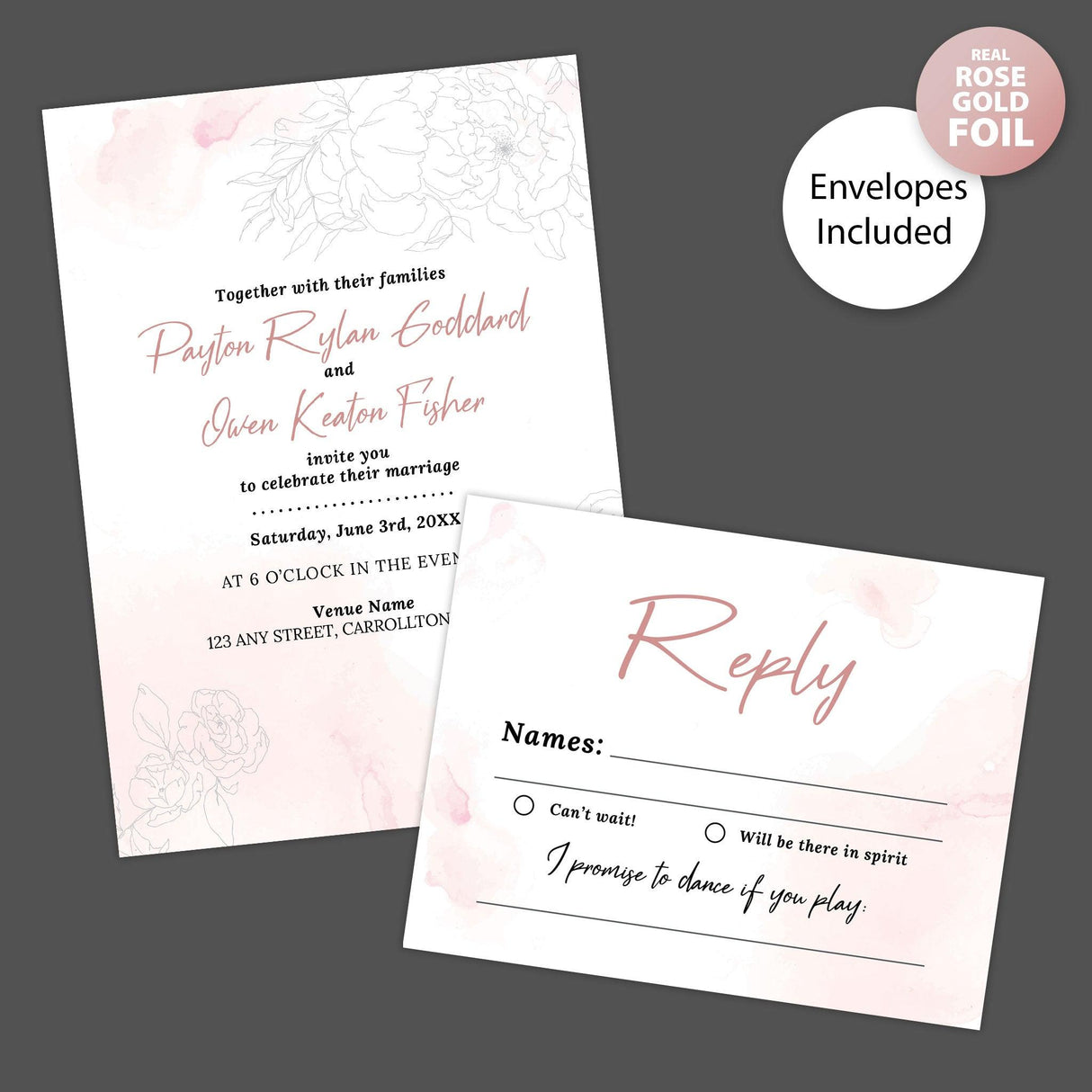 Rosy Watercolor Foil Invitation - goprintplus