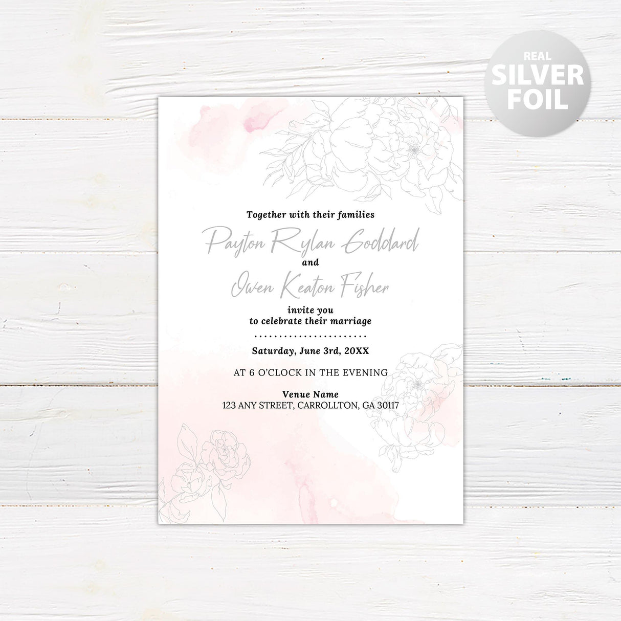 Rosy Watercolor Foil Invitation - goprintplus