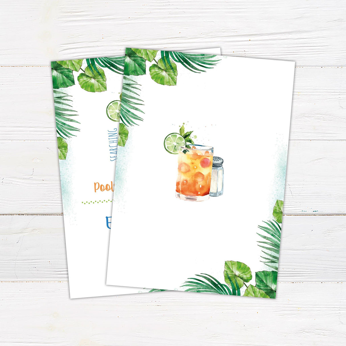 Poolside cocktail party invitation with a tropical theme. Features a watercolor cocktail with lime, palm leaves, and a salt shaker. Text in playful script and modern fonts invites guests to a summer celebration. Bright orange, blue, and green colors add a festive touch. Event details are neatly displayed. Perfect for a beach or poolside gathering. Back.