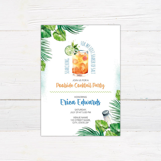 Poolside cocktail party invitation with a tropical theme. Features a watercolor cocktail with lime, palm leaves, and a salt shaker. Text in playful script and modern fonts invites guests to a summer celebration. Bright orange, blue, and green colors add a festive touch. Event details are neatly displayed. Perfect for a beach or poolside gathering.