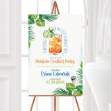 Poolside cocktail party welcome sign with a tropical theme. Features watercolor palm leaves, a refreshing cocktail with lime, and playful typography. Includes event details with bright, summery colors. A stylish addition to any summer celebration, beach gathering, or outdoor party. Printed on high-quality material for an elegant presentation.