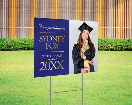 Graduation yard sign featuring a split design with a side photo and bold gold text on the left, displaying the graduate’s name, class year, and school name. Printed on durable Coreplast plastic, available in custom colors and single or double-sided print, perfect for high school and college graduation celebrations. purple