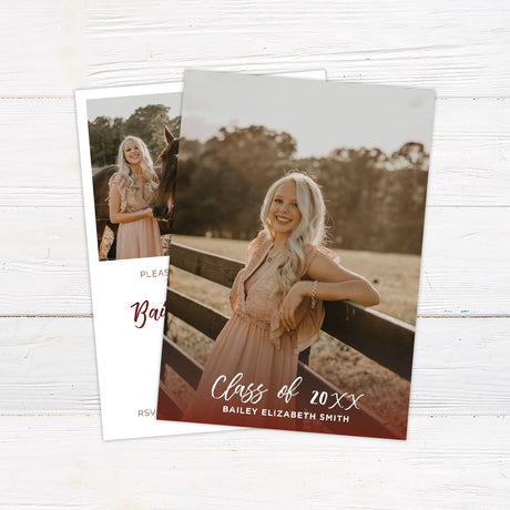 "Elegant graduation announcement photo with personalized name and class year in stylish script."