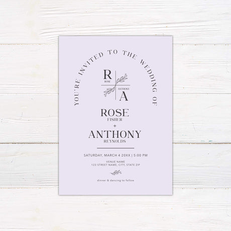 Minimalist monogram wedding invitation with botanical crest and arch layout in modern lavender tones